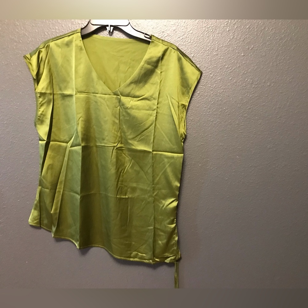 Satin V-Neck Blouse in Lime Green
